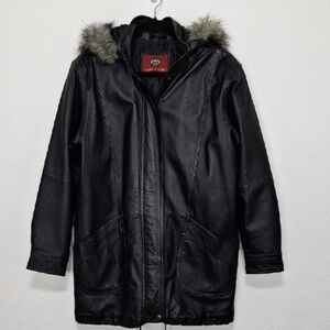 Marc Mattis Black Bikercore 100% Genuine Leather Fur Hooded Coat Jacket Size M